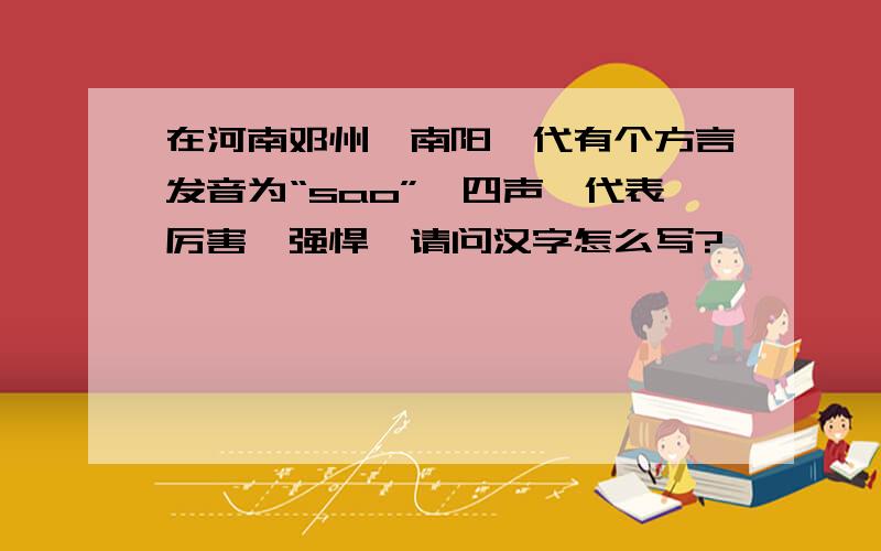 在河南邓州、南阳一代有个方言发音为“sao”,四声,代表厉害、强悍,请问汉字怎么写?