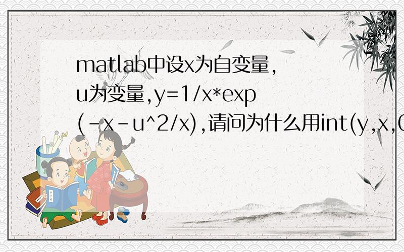 matlab中设x为自变量,u为变量,y=1/x*exp(-x-u^2/x),请问为什么用int(y,x,0,inf)积