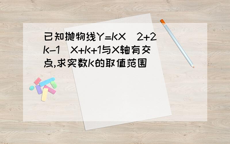 已知抛物线Y=KX^2+2(K-1)X+K+1与X轴有交点,求实数K的取值范围