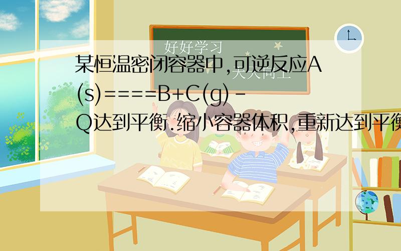 某恒温密闭容器中,可逆反应A(s)====B+C(g)-Q达到平衡.缩小容器体积,重新达到平衡时,C(g)的浓度与缩小体