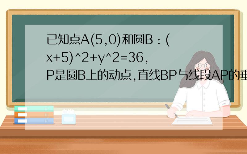 已知点A(5,0)和圆B：(x+5)^2+y^2=36,P是圆B上的动点,直线BP与线段AP的垂直平分线交于点Q,则点Q
