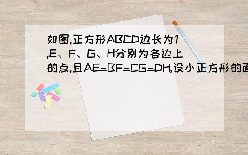 如图,正方形ABCD边长为1,E、F、G、H分别为各边上的点,且AE=BF=CG=DH,设小正方形的面积为S,大致图像