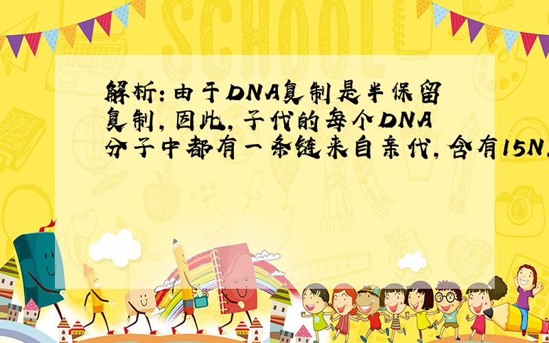 解析：由于DNA复制是半保留复制,因此,子代的每个DNA分子中都有一条链来自亲代,含有15N,另一条子链含有14N,故每
