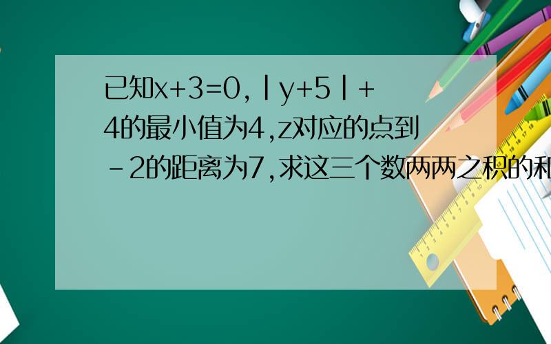 已知x+3=0,|y+5|+4的最小值为4,z对应的点到-2的距离为7,求这三个数两两之积的和