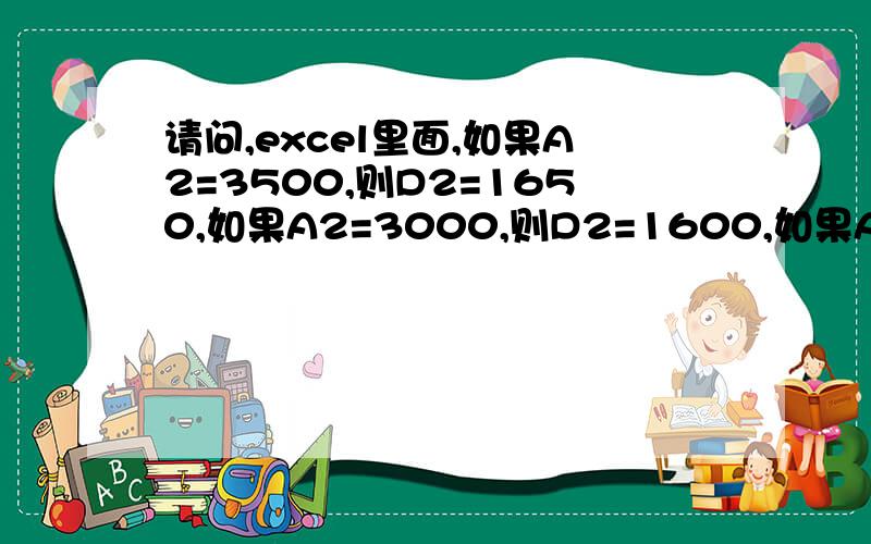 请问,excel里面,如果A2=3500,则D2=1650,如果A2=3000,则D2=1600,如果A2=2000,则