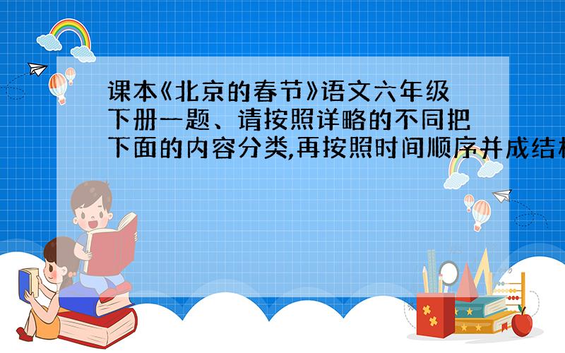 课本《北京的春节》语文六年级下册一题、请按照详略的不同把下面的内容分类,再按照时间顺序并成结构段