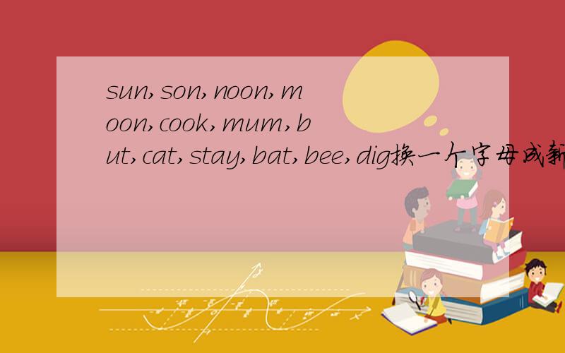 sun,son,noon,moon,cook,mum,but,cat,stay,bat,bee,dig换一个字母成新的单