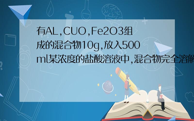 有AL,CUO,Fe2O3组成的混合物10g,放入500ml某浓度的盐酸溶液中,混合物完全溶解,再加入250ml 2.0