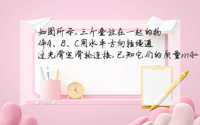 如图所示,三个叠放在一起的物体A、B、C用水平方向轻绳通过光滑定滑轮连接,已知它们的质量mA=1kg,mB=2kg,mC