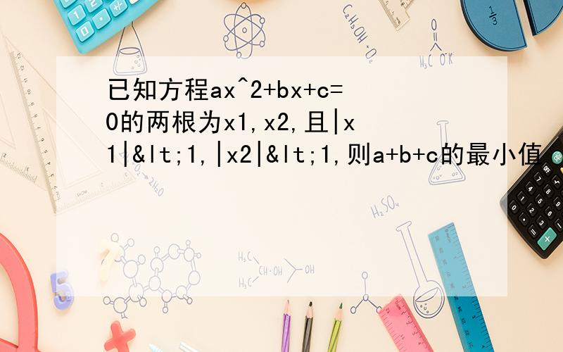 已知方程ax^2+bx+c=0的两根为x1,x2,且|x1|<1,|x2|<1,则a+b+c的最小值