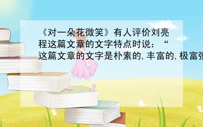 《对一朵花微笑》有人评价刘亮程这篇文章的文字特点时说：“这篇文章的文字是朴素的,丰富的,极富张力的,很干脆,清爽和优雅.