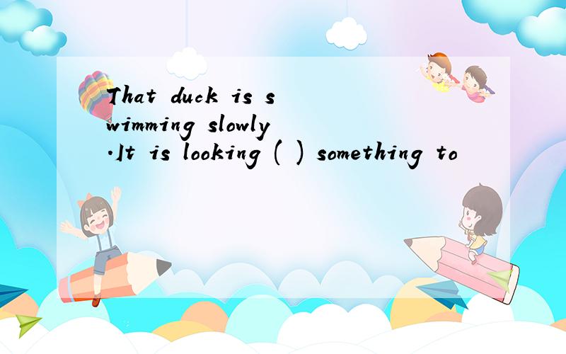 That duck is swimming slowly.It is looking ( ) something to