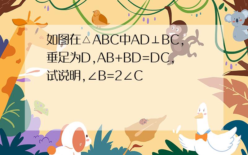 如图在△ABC中AD⊥BC,垂足为D,AB+BD=DC,试说明,∠B=2∠C