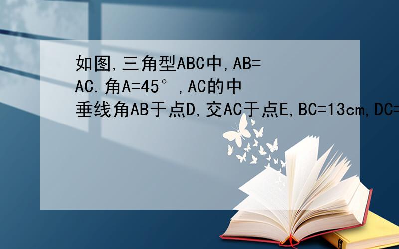 如图,三角型ABC中,AB=AC.角A=45°,AC的中垂线角AB于点D,交AC于点E,BC=13cm,DC=12cm,