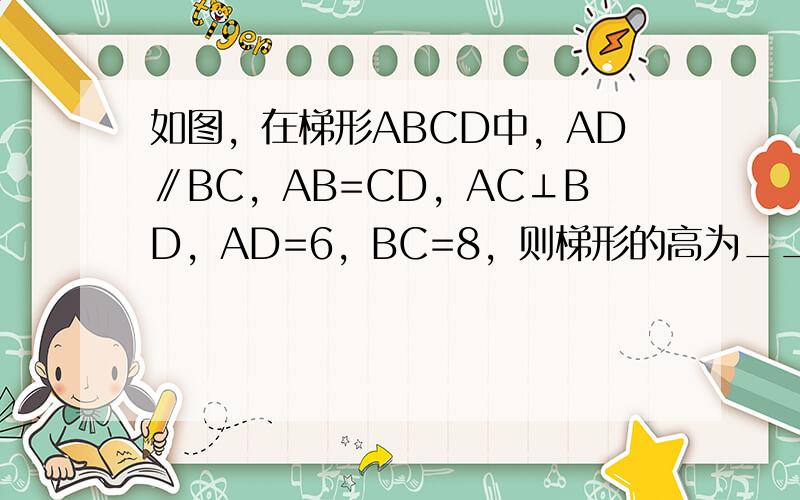 如图，在梯形ABCD中，AD∥BC，AB=CD，AC⊥BD，AD=6，BC=8，则梯形的高为______．