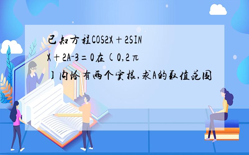 已知方程COS2X+2SINX+2A-3=0在(0,2π〕内恰有两个实根,求A的取值范围