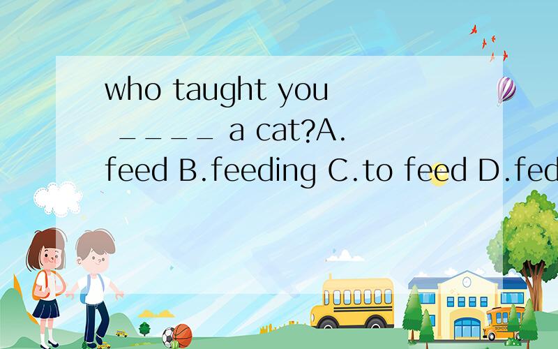 who taught you ____ a cat?A.feed B.feeding C.to feed D.fed