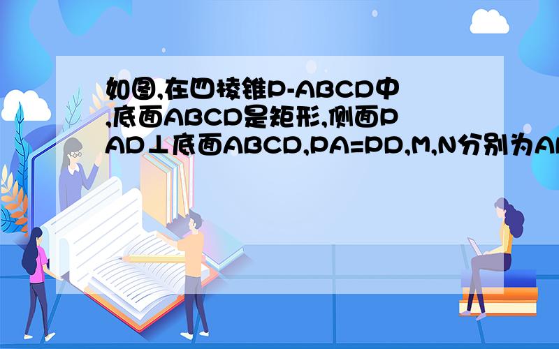 如图,在四棱锥P-ABCD中,底面ABCD是矩形,侧面PAD⊥底面ABCD,PA=PD,M,N分别为AB,PC中点,求证